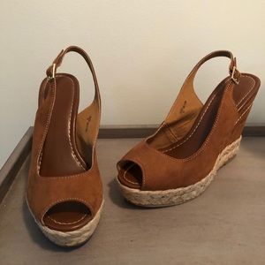 Cognac suede sling back wedges